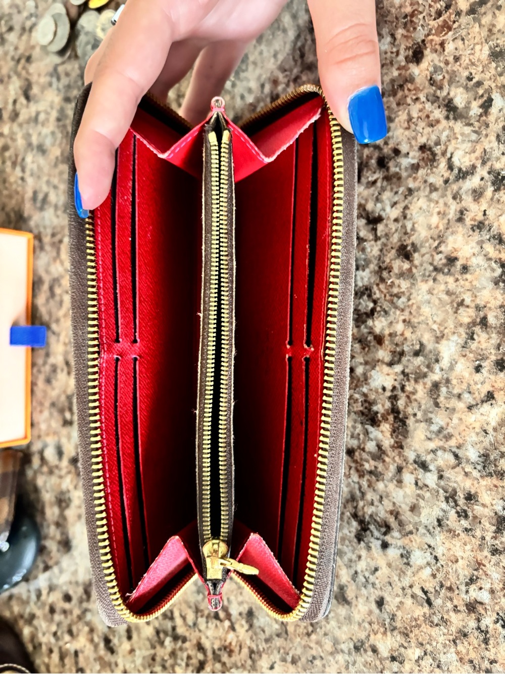 Louis Vuitton Brown Zip-Around Wallet with Red Interior